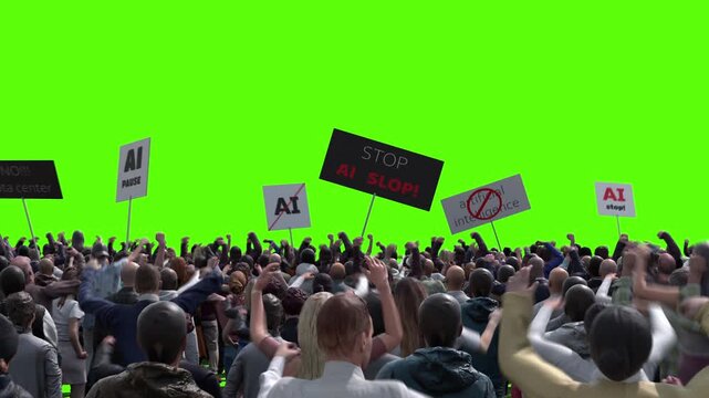 angry crowd protesting AI , anti-AI concept. Green screen isolate, Realistic 4k animation.