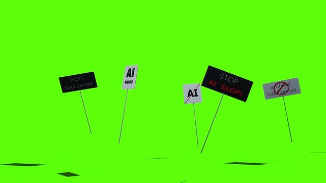 Anti-AI protest signs isolated on green screen. Artificial intelligence opposition concept.