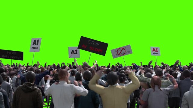 angry crowd protesting AI , anti-AI concept. Green screen isolate, Realistic 4k animation.