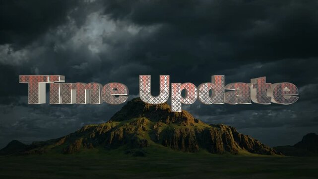 Dramatic landscape with 'time up' and 'time update' text flying away from mountains under stormy sky