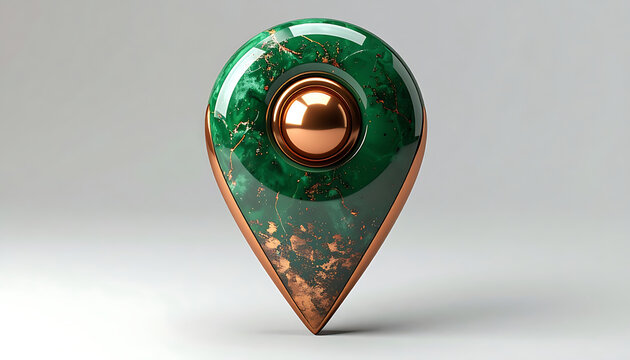 Luxury map marker icon with emerald green and copper textures, representing location and destination, perfect for travel or navigation apps