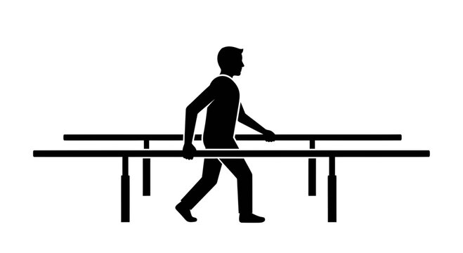 Physiotherapy patient uses parallel bars to regain mobility and strength during a guided rehabilitation session focused on physical recovery and health improvement.