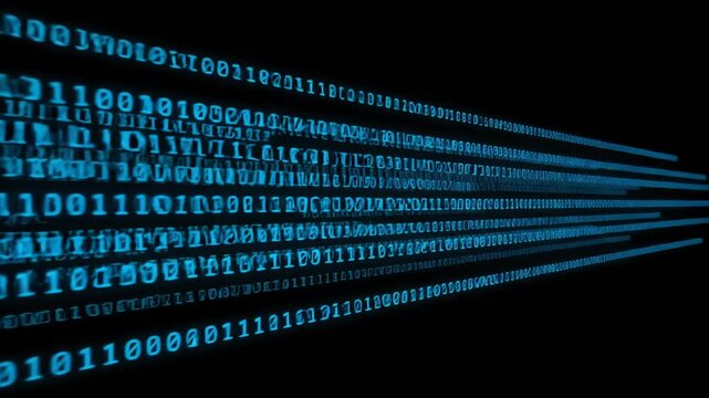 Glowing blue binary code streams moving rapidly in digital video footage
