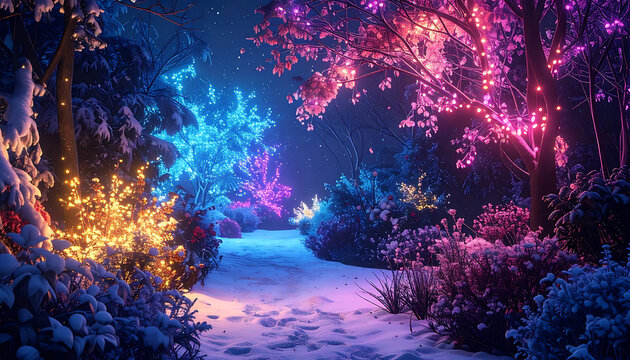 Magical winter forest path illuminated by colorful fairy lights, snow falling gently, creating a festive and enchanting atmosphere
