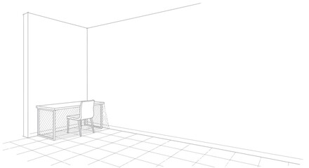 Simple line drawing of a chair and table in a room. © Dika