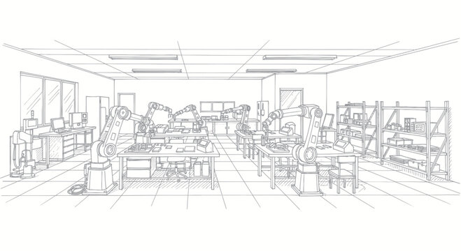 Sketch of a cluttered workshop with tools and equipment.