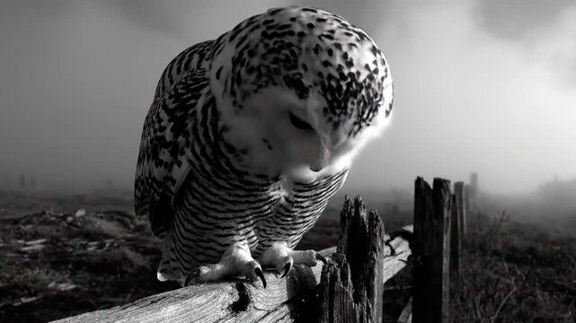 Snowy Owl Perched on a Wooden Fence in Black and White against a Misty Landscape, Nature's Beauty