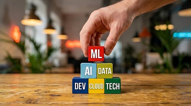 Artificial intelligence and machine learning technology stack concept with hands arranging colorful blocks on wooden desk