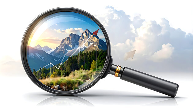 Magnifying glass on mountain landscape with financial chart overlay, concept for exploration and analysis