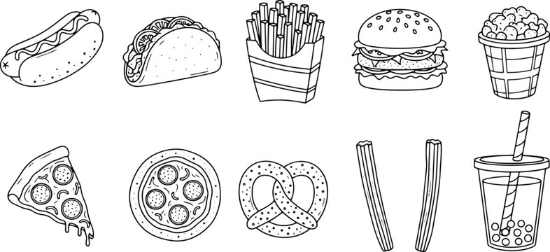 Vintage Fast Food Icon Collection with Burgers Pizza Fries and Snacks