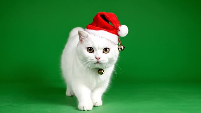 Fluffy white British Shorthair cat wearing a Santa hat walks towards the camera on a vibrant green backdrop