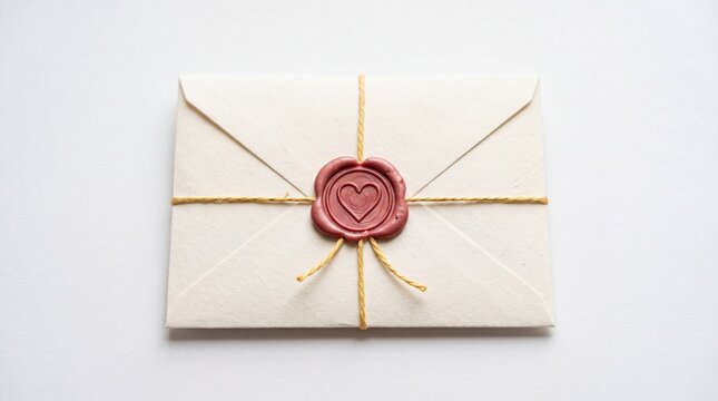 White envelope with a heart wax seal and gold string