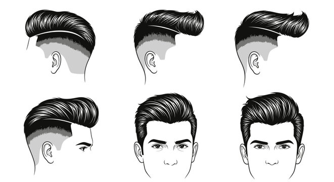 Black and white illustration of various men's hairstyles and haircuts.