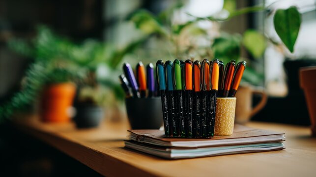 Colorful pens arranged on a wooden desk surrounded by plants and notebooks in a cozy workspace atmosphere with natural light and vibrant colors