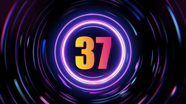 Glowing neon circles with number 37 on black background futuristic digital display