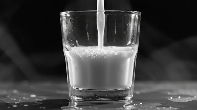 Black and white close up of a glass being filled with milk on a reflective surface