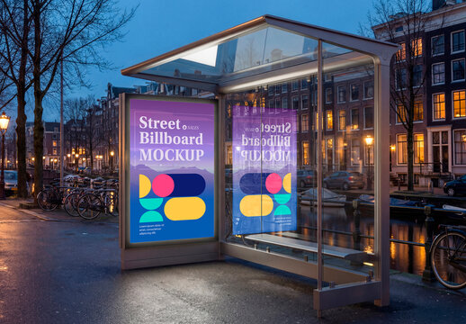 Bus stop billboard mockup at night city canal