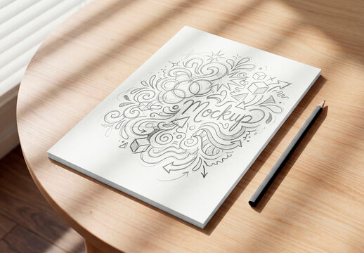 Closed notebook mockup on wooden table with pencil