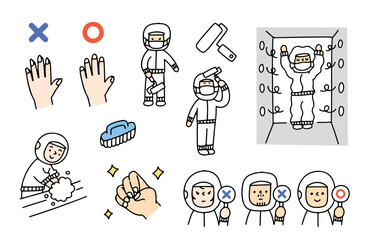 衛生管理している工場作業員のイラストセット © sato66