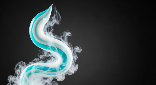 A thick swirl of minty blue toothpaste transitions into delicate white smoke and soft ethereal vapor against a clean dark background, dynamic, macro, movement