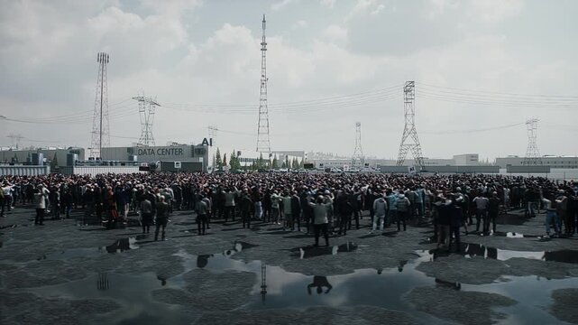 angry crowd protesting AI near a data center, Robot carrying weapon, anti-AI concept. Realistic 4k animation.