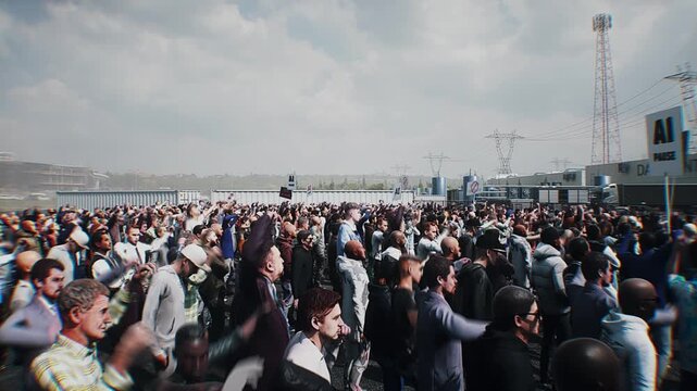 angry crowd protesting AI near a data center, Robot carrying weapon, anti-AI concept. Realistic 4k animation.