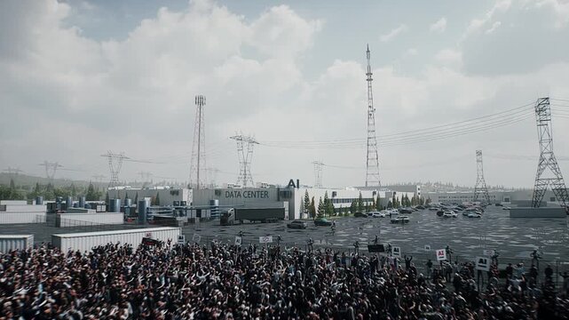angry crowd protesting AI near a data center, Robot carrying weapon, anti-AI concept. Realistic 4k animation.
