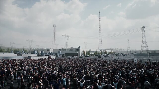 angry crowd protesting AI near a data center, Robot carrying weapon, anti-AI concept. Realistic 4k animation.