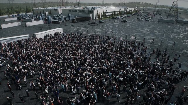 angry crowd protesting AI near a data center, Robot carrying weapon, anti-AI concept. Realistic 4k animation.