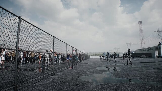 angry crowd protesting AI near a data center, Robot carrying weapon, anti-AI concept. Realistic 4k animation.