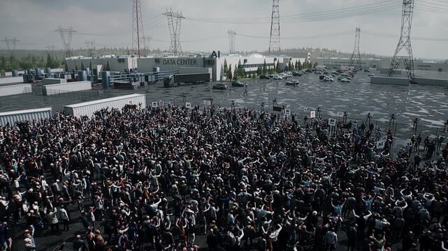 angry crowd protesting AI near a data center, Robot carrying weapon, anti-AI concept. Realistic 4k animation.