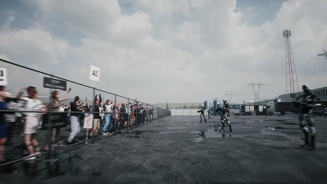 angry crowd protesting AI near a data center, Robot carrying weapon, anti-AI concept. Realistic 4k animation.