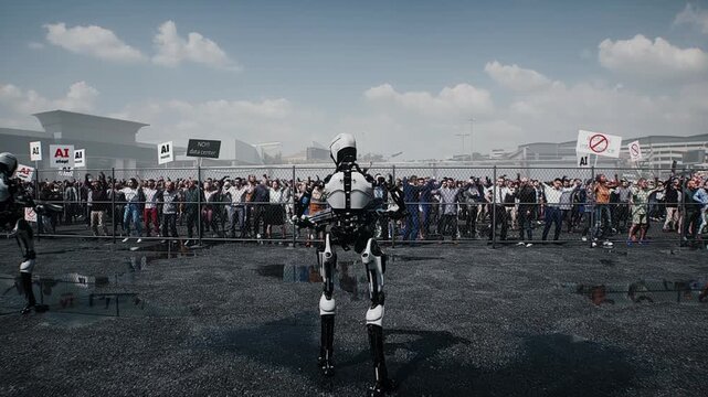 angry crowd protesting AI near a data center, Robot carrying weapon, anti-AI concept. Realistic 4k animation.