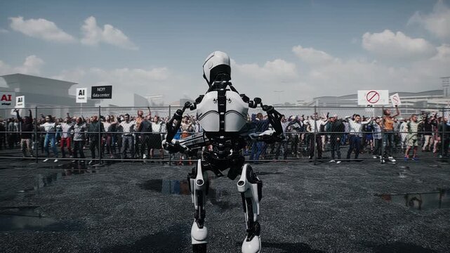 angry crowd protesting AI near a data center, Robot carrying weapon, anti-AI concept. Realistic 4k animation.