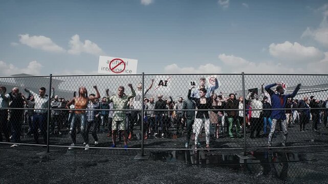 angry crowd protesting AI near a data center, Robot carrying weapon, anti-AI concept. Realistic 4k animation.