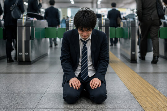 駅構内で落ち込むビジネスマンの様子