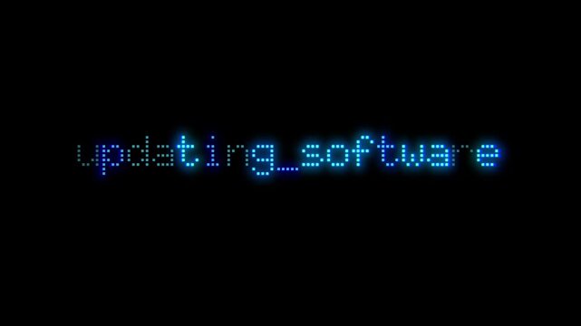 Updating Software text phrase animation with retro style glowing pixelated font on black background