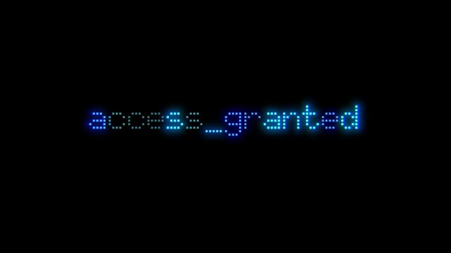 Access Granted text phrase animation with retro style glowing pixelated font on black background
