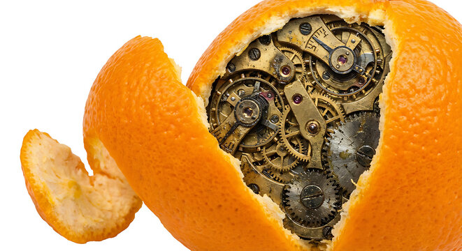 Conceptual Orange with Clockwork Machinery Gears and Cogs Inside