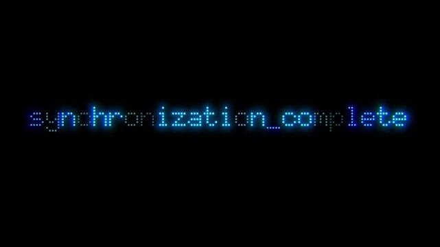 Synchronization Complete tech text phrase fade in and out animation in retro glowing font on black background
