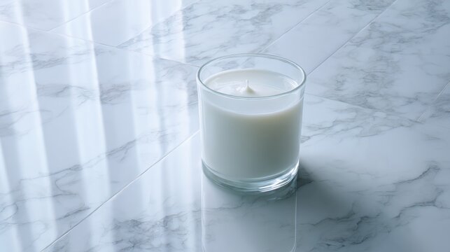 Elegant white candle in a clear glass holder resting on a polished marble surface, harmonizing with natural light and enhancing serene ambiance