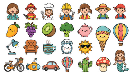 Obraz premium Cute cartoon collection of professions fruit objects and vehicles for children education.