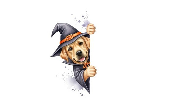 Cute dog in witch costume peeking around corner for halloween fun