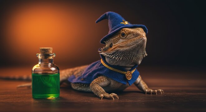 Wizard lizard in halloween costume with magic potion