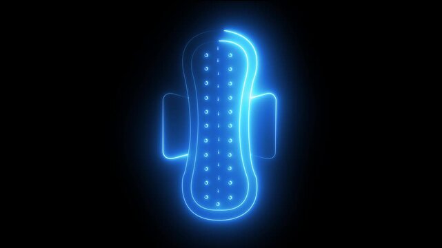 Glowing neon Menstrual pad icon isolated on black background. Feminine hygiene product. Menstruation and sanitary napkin animation. Period menses. Feminine hygiene. Menstrual pad icon.4k