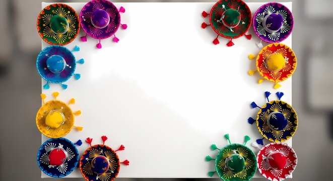 Blank white frame surrounded by mini colorful sombreros