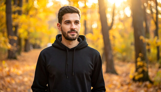Man in black hoodie looking thoughtfully into the distance during golden hour in an autumn park, surrounded by fallen leaves