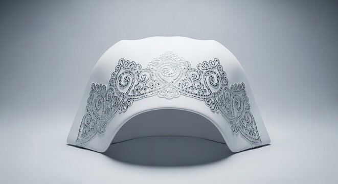 Elegant white nursing headwear featuring intricate silver embroidery, isolated on a clean neutral background for a minimalist medical look, embroidery, composition, close-up