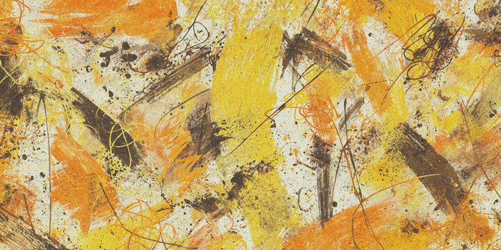 Abstract expressionist painting with yellow and orange brushstrokes
