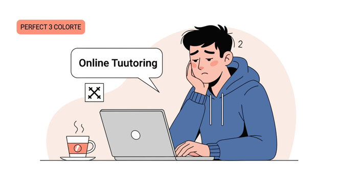 Bored Student Struggling with Online Tutoring Session, Feeling Tired and Overwhelmed